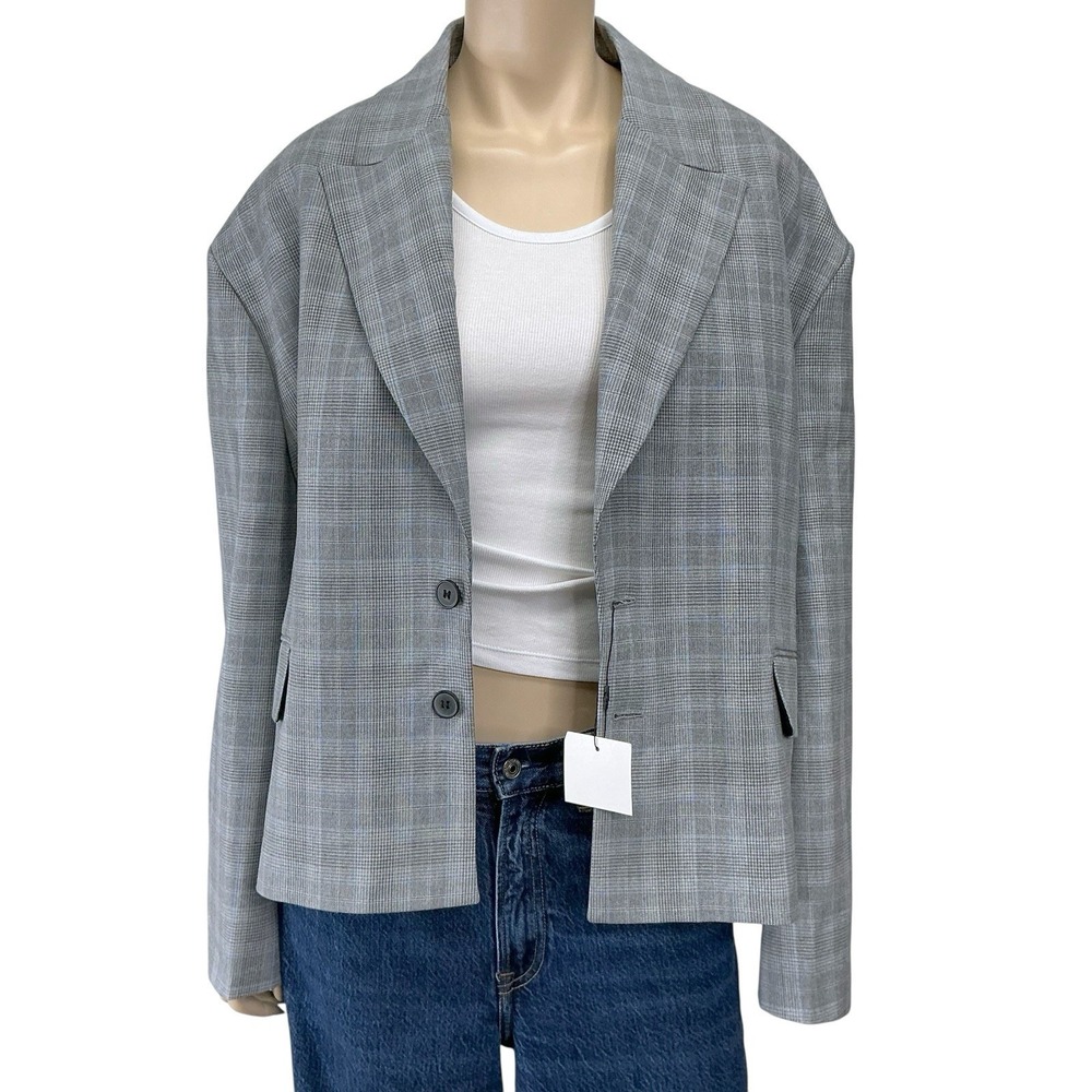 Zara Blazer Women Medium Gray Blue Plaid Oversized Long Sleeve Short Preppy NWT